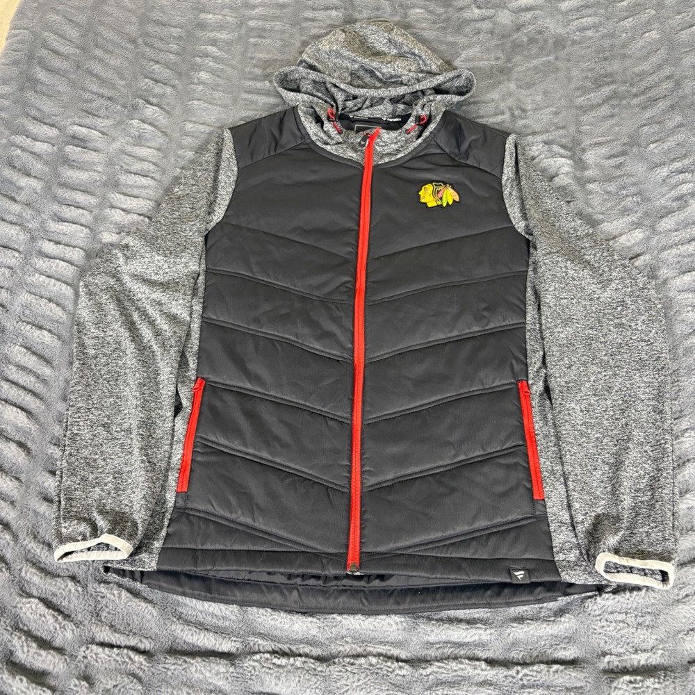 Fanatics NHL Chicago Blackhawks Men Large Hybrid Puffer Hoodie Jacket Black Gray